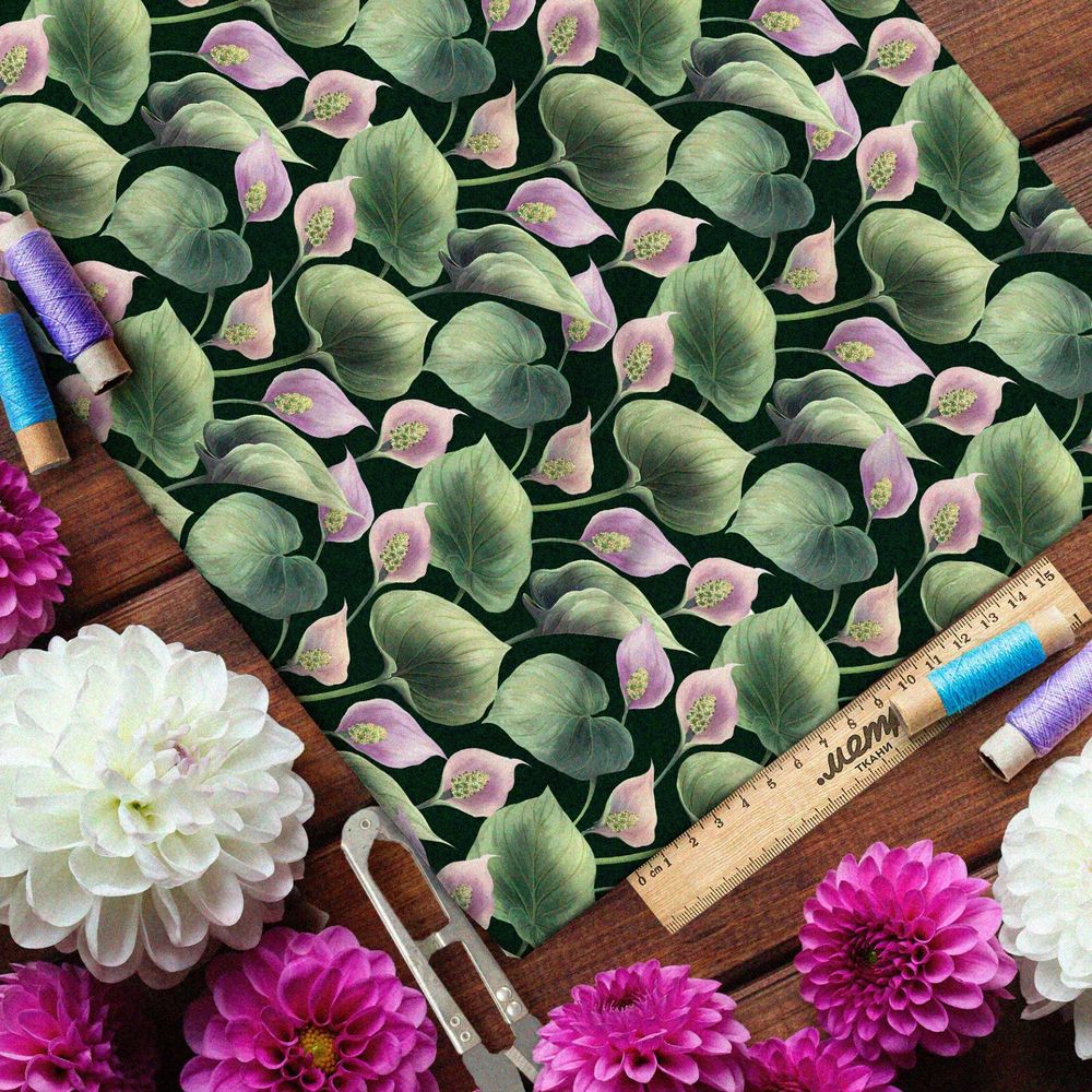 Ткань таффета мягкие розовые кувшинки на тёмно-зелёном фоне