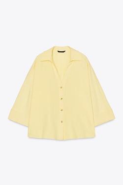 ZARA РУБАШКА ИЗ СМЕСОВОГО ЛЬНА С ШИРОКИМИ РУКАВАМИ, ЖЕЛТЫЙ