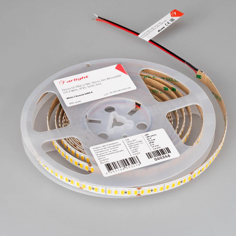 Светодиодная лента ULTRA-C180-10mm 24V White6000 (19.2 W/m, IP20, 5630, 5m) (Arlight, высок.эфф.200 лм/Вт) 040246