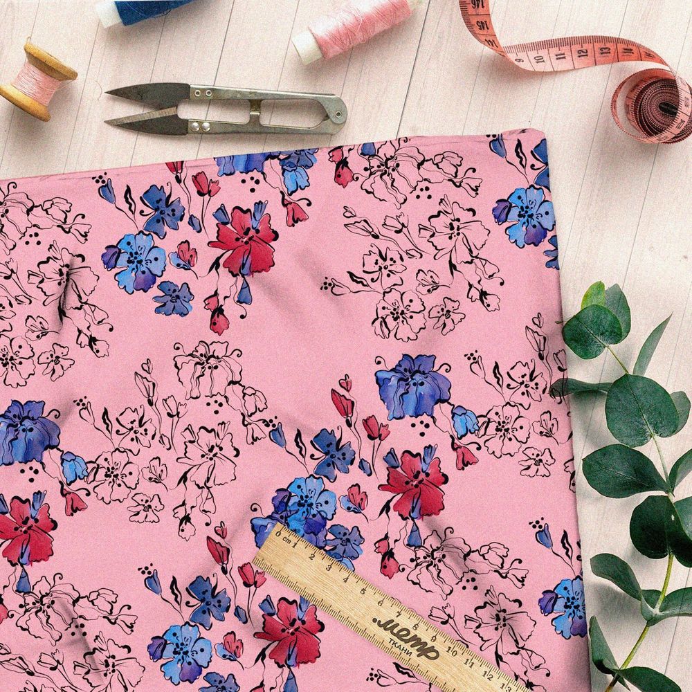 Ткань оксфорд 600 красные и синие цветы