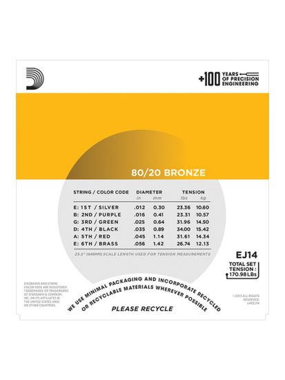 Струны для акустической гитары 12-56 D'ADDARIO EJ14