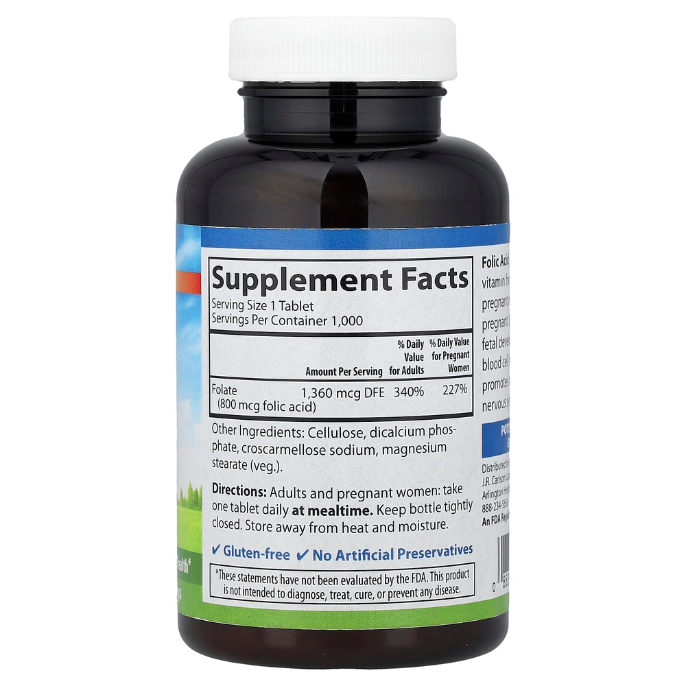 Carlson, Folic Acid, 800 mcg, 1,000 Vegetarian Tablets