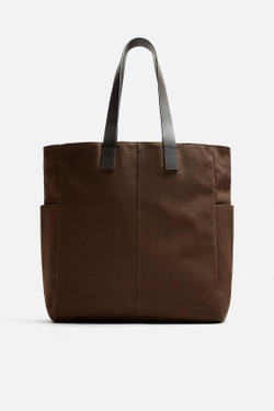 ZARA ТКАНЕВАЯ СУМКА-ШОПЕР, КОРИЧНЕВЫЙ