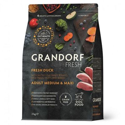 Беззерновой корм с живыми пробиотиками GRANDORF Fresh Dog Adult MED&MAXI Duck&Sweet Potato для собак средних и крупных пород с мясом утки и бататом, Пакет 3 кг