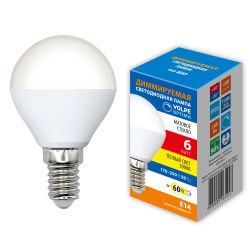 LED-G45-6W-3000K-E14-FR-DIM-SLS Лампа светодиодная. диммируемая. Форма шар. матовая. Теплый белый свет 3000K. ТМ Volpe