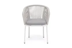 "Марсель" стул плетеный из роупа, каркас алюминий белый муар, роуп светло-серый меланж круглый tex, ткань светло-серая
