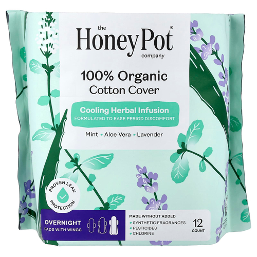 The Honey Pot Company, органический охлаждающий травяной настой, подушечки с крылышками, ночной, 12 штук
