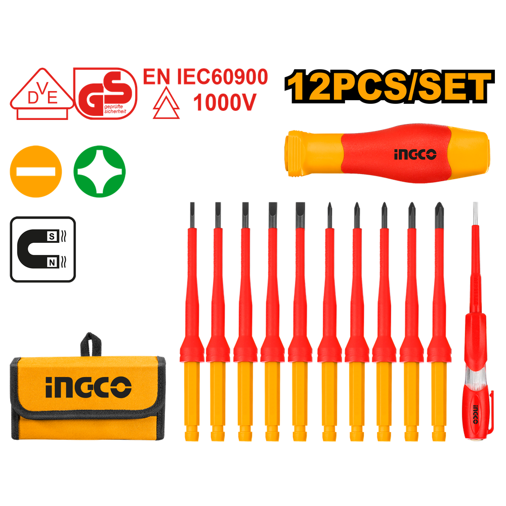 Диэлектрическая отвертка с насадками 12 шт. INGCO HKISD1201 INDUSTRIAL