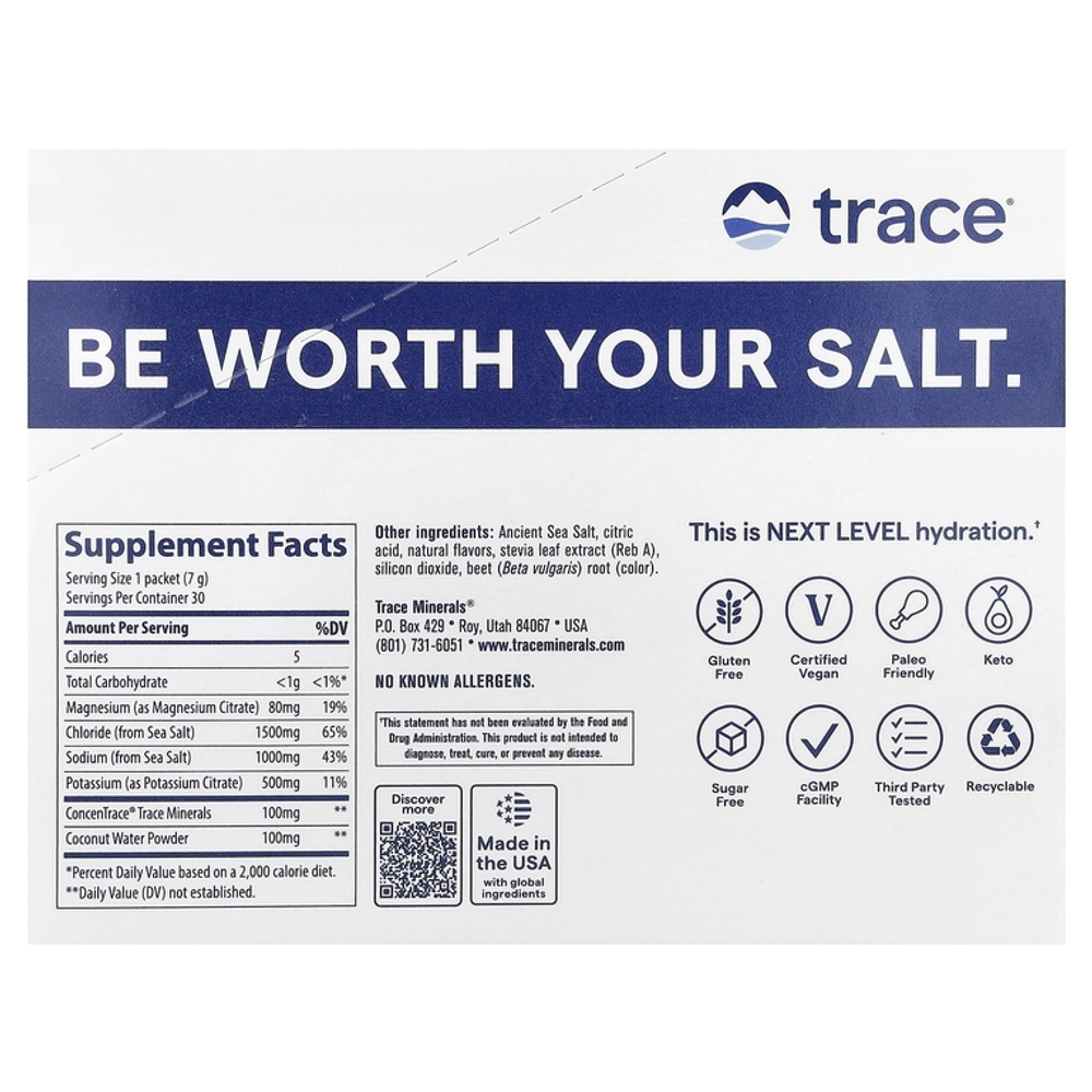 Trace, ZEROlyte, электролит и кокосовая вода, salty berry lemonade flavor, 30 пакетиков.