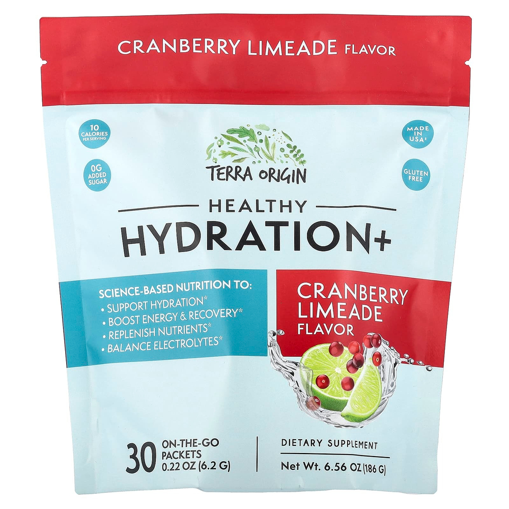 Terra Origin, Healthy Hydration+, клюквенный лаймад, 30 пакетиков On the Go, 6,2 г (0,22 унции) каждый