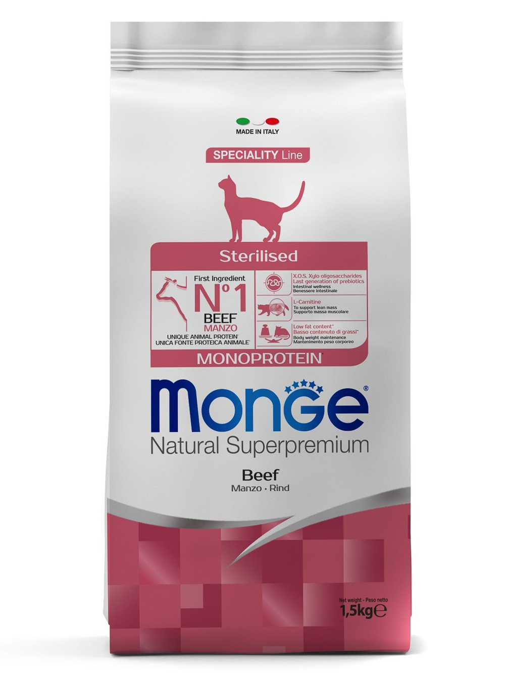 Гипоаллергенный корм Monge Monoprotein Sterilised для стерилизованных кошек с говядиной, 1,5 кг