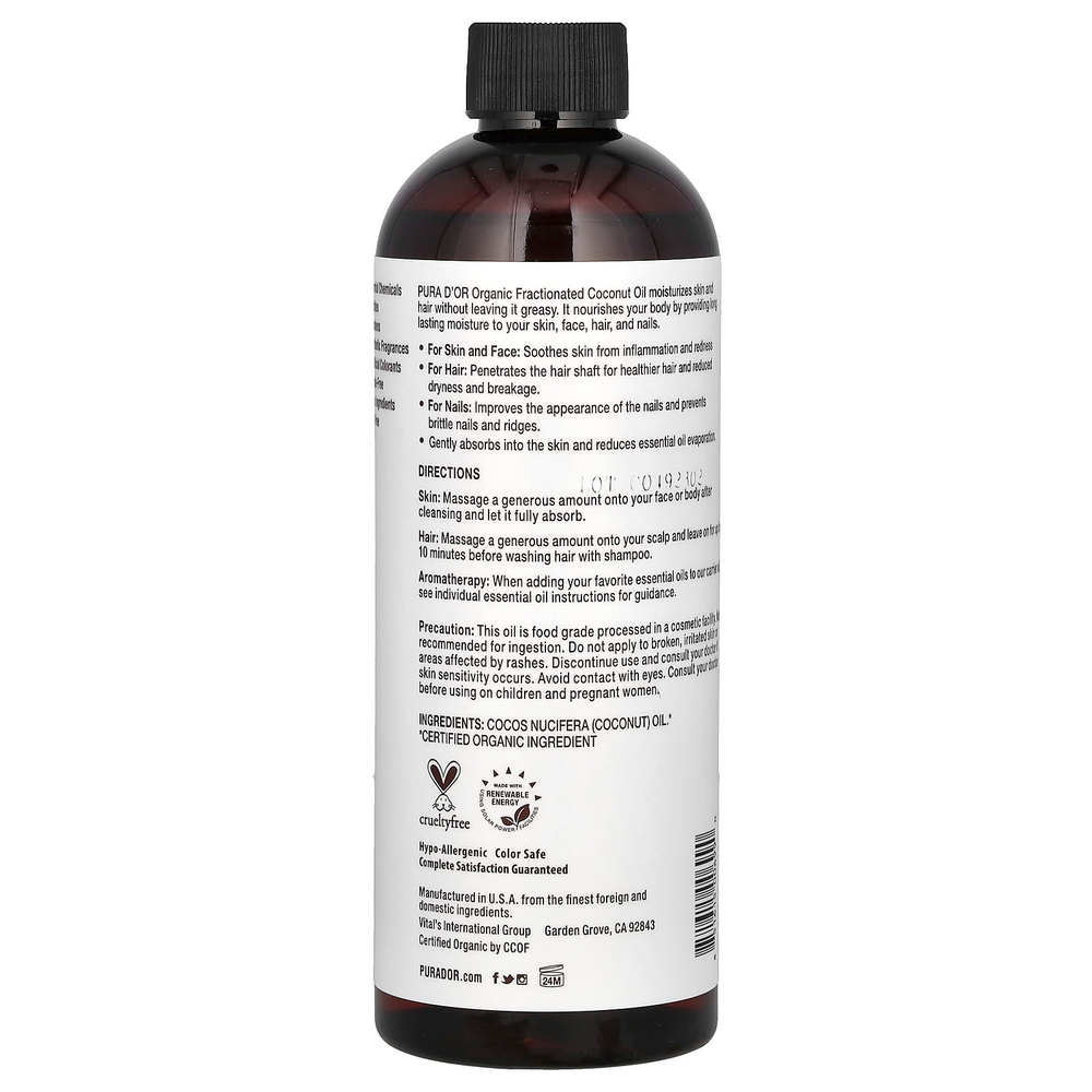 Pura D'or, органическое фракционированное кокосовое масло (MCT), 473 мл (16 жидк. унций)