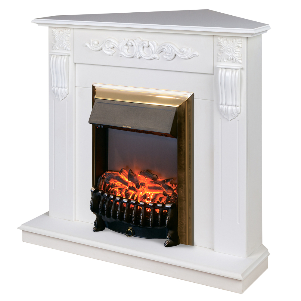 Каминокомплект Real Flame Dominica Corner WT с очагом Fobos Lux Brass (угловой)