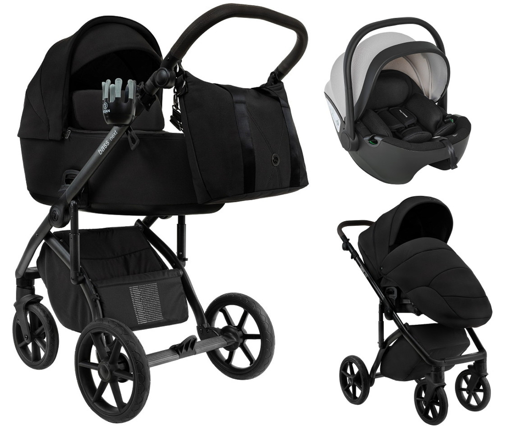 Детская коляска Roan Bass Next 2.0 3 в 1 с автокреслом Pituso Baesa Pro Black,Beige Canopy BSN/40/2 Caviar Black/Black/руч.Black