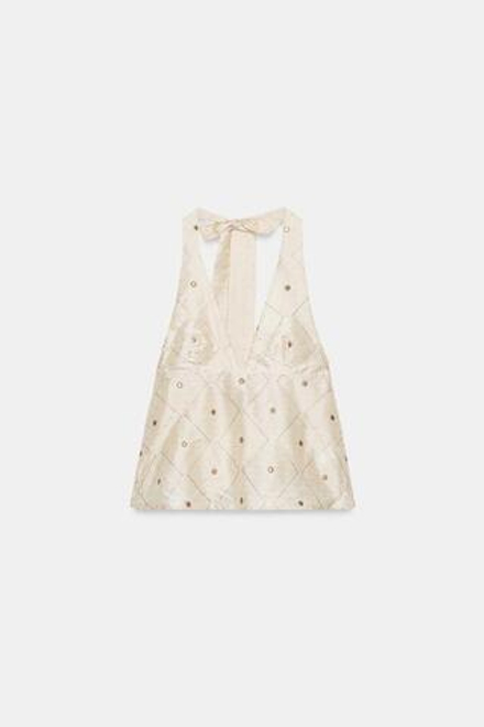 ZARA ТОП ИЗ ТАФТЫ С ВЫШИВКОЙ И ЗЕРКАЛАМИ, КРЕМОВЫЙ