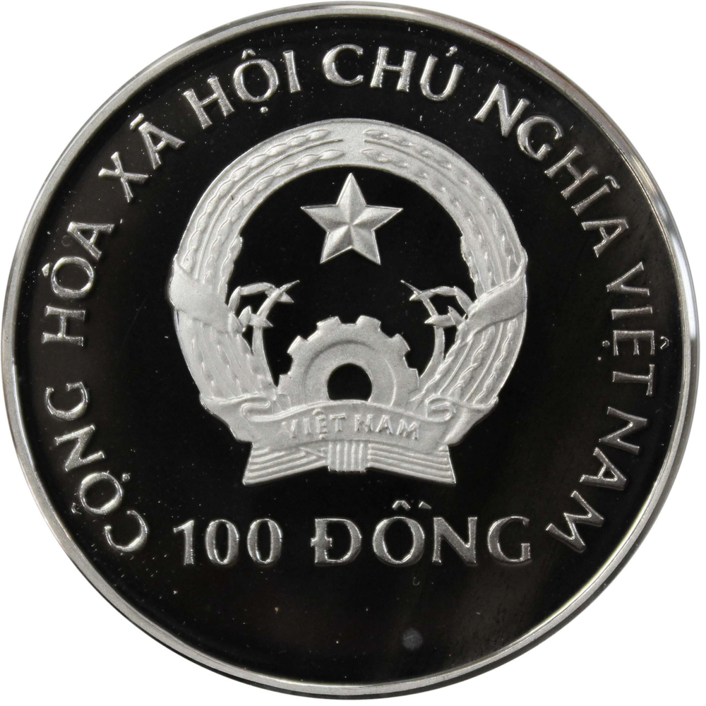 100 донгов. XVI зимние Олимпийские Игры в Альбервиле. Вьетнам. Серебро. 1990 год. PROOF