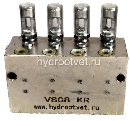 VSG8-KR - Питатель для двухлинейных систем смазки с рабочим давлением 400 бар, количество выходов 8, максимальная доза 2,3 мл/цикл, с регулятором и индикатором