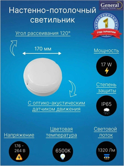 Светодиодный светильник настенно-потолочный с датчиком движения 17W IP65 GCF-17-IP65-RS-6-P, GENERAL 437546 (1 шт.)