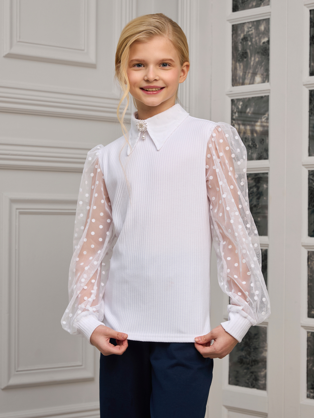 Блузка школьная для девочки с длинным рукавом белая