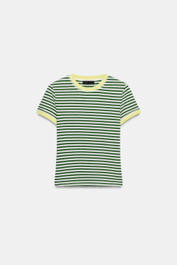 ZARA ФУТБОЛКА В ПОЛОСКУ С КОРОТКИМ РУКАВОМ, ЭКРЮ/ЗЕЛЕНЫЙ