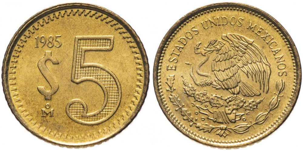 Мексика 5 песо, 1985 - 1988 Герб XF