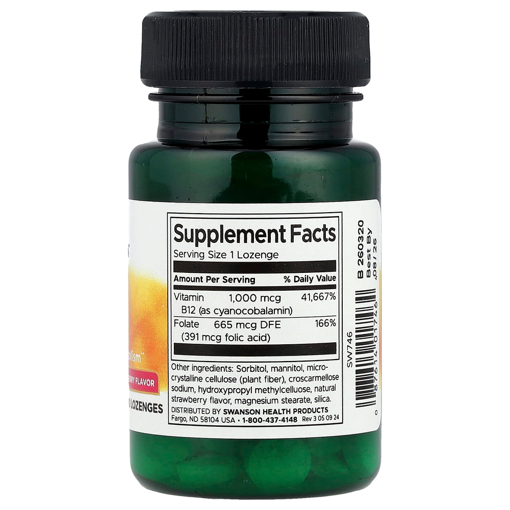 Swanson, Витамин B12 с фолатом, клубника, 100 пастилок