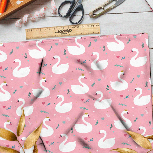 Ткань дюспо лебеди на розовом