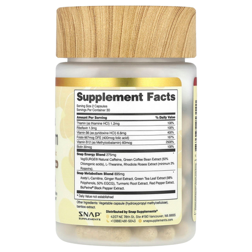 Snap Supplements, Энергия и метаболизм, 60 капсул