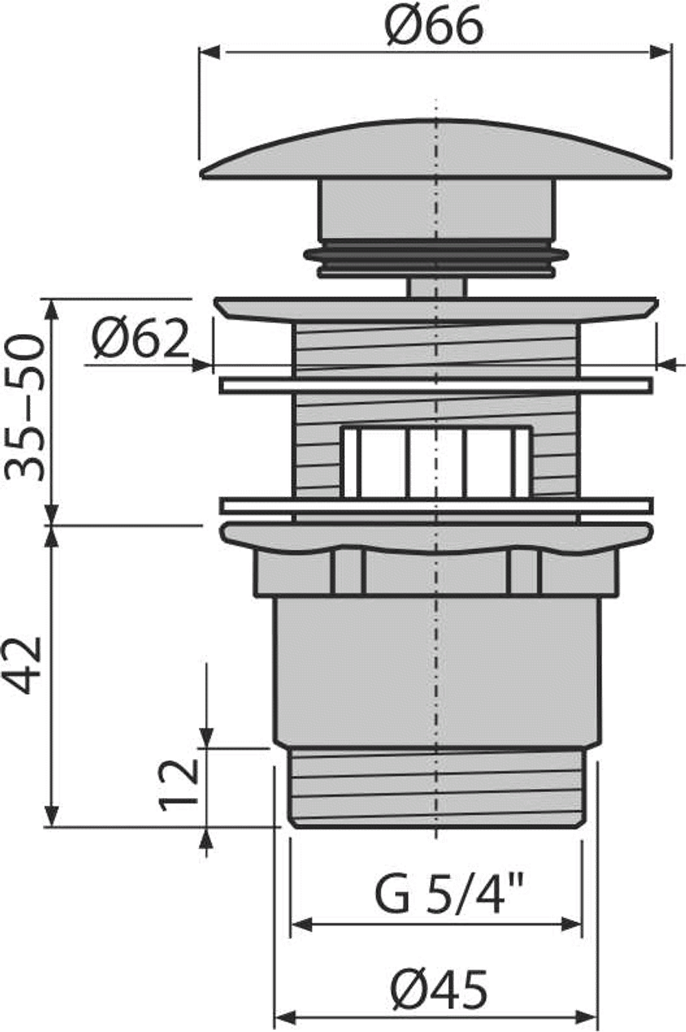 A390 Донный клапан сифона для умыв. click/clack 5/4", ц-мет. с переливом и большой заглушкой