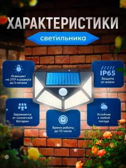 Светильник сенсорный уличный с датчиком движения настенный беспроводной для дома, дачи, 100 LED