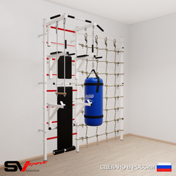 Шведская стенка Sv Sport усиленная 69320 (Турник стандарт/Брусья/Стойка/Скамья/Трапеция/Цепь/Мешок 22кг/Канатный лаз)