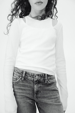 H&M Топ в рубчик с длинными рукавами, белый