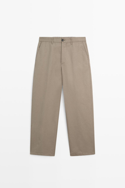 Massimo Dutti Брюки из поплина бочкообразного кроя из хлопка и льна, зеленый