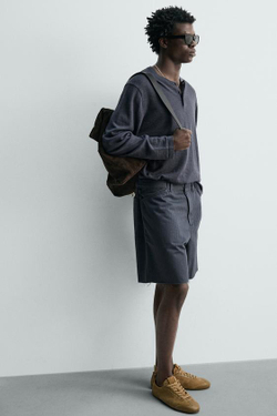 ZARA ХЛОПКОВЫЕ ШОРТЫ ИЗ ТКАНИ В ЁЛОЧКУ С ЭФФЕКТОМ ПОТЕРТОСТИ, ТЕМНЫЙ ИНДИГО