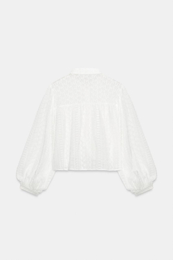 ZARA КОРОТКАЯ БЛУЗА С АЖУРНОЙ ВЫШИВКОЙ, БЕЛЫЙ