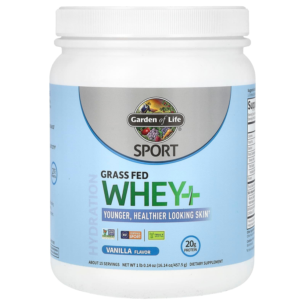 Garden of Life, Sport, Whey + от травяного откорма, ваниль, 457,5 г (1 фунт 0,14 унции)