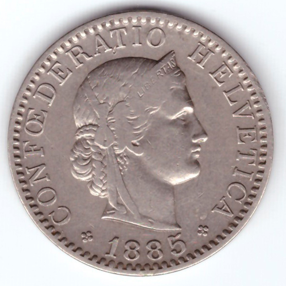 20 раппенов 1885 год. Швейцария. Никель VF-XF