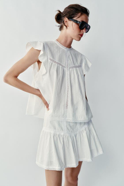 ZARA РОМАНТИЧНЫЙ ТОП С КРУЖЕВОМ, ЭКРЮ