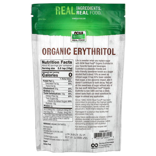 NOW Foods, Real Food, органический эритритол, 454 г (1 фунт)
