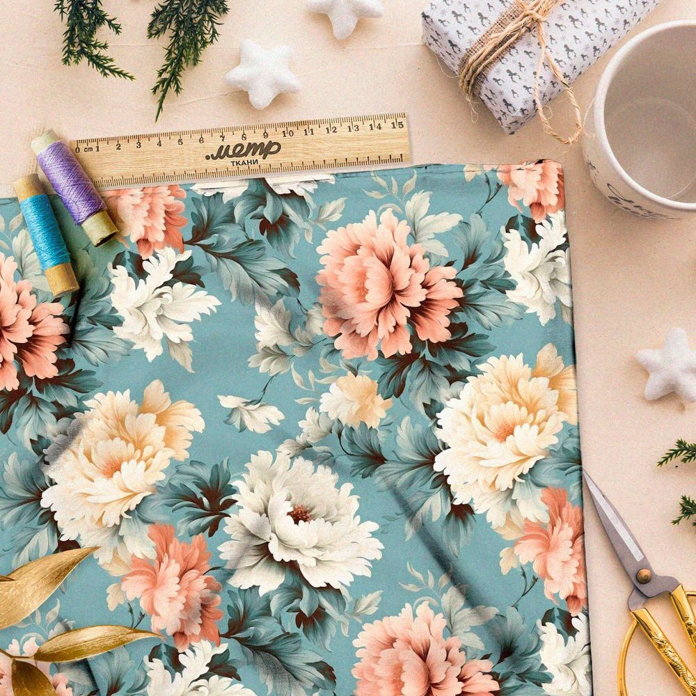 Ткань премиум атлас цветочная фантазия на сером