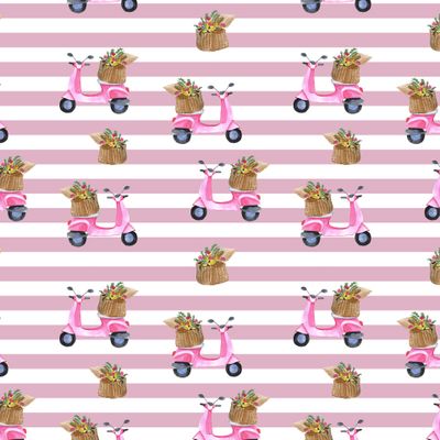 акварельные мопеды и цветы на полосатом фоне
