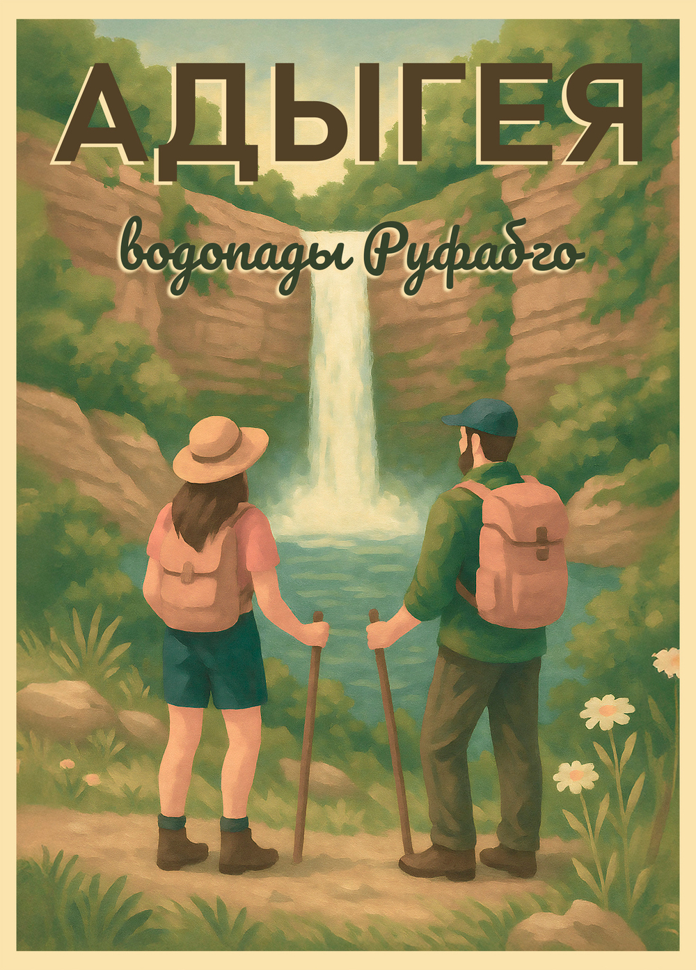 Постер «Адыгея. Водопады Руфабго» — ретро-пейзаж туристического маршрута