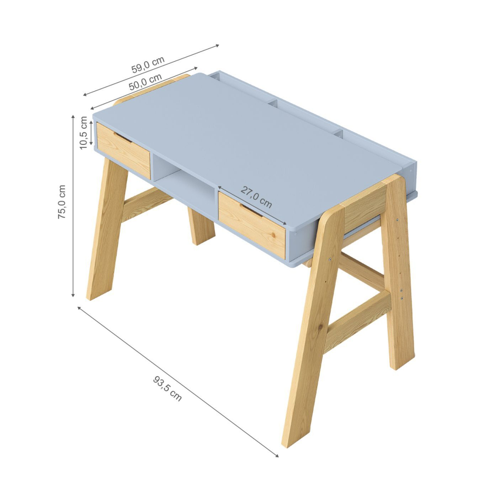 Письменный стол Чек для школьника 94х64х75 см, многоуровневая парта с 2 ящиками на ножках из массива сосны, МДФ синий