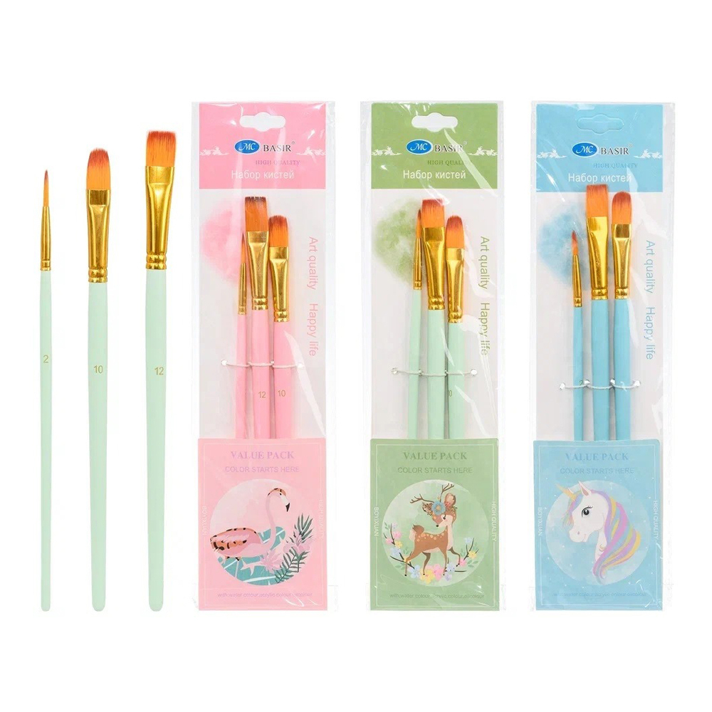 Кисть для рисования Basir художественная, нейлон, плоские, № 2,10,12, набор из 3 шт, ассорти