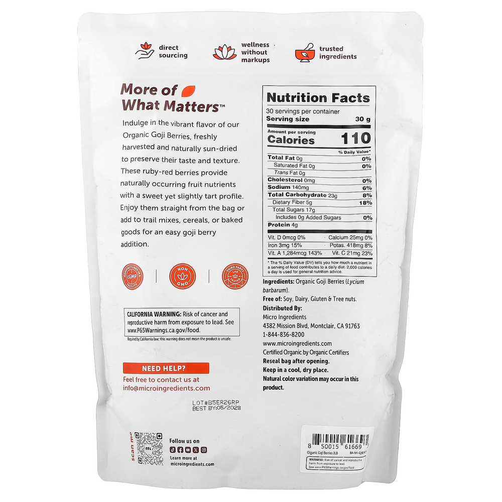 Micro Ingredients, Органические ягоды годжи, 907 г (2 фунта)