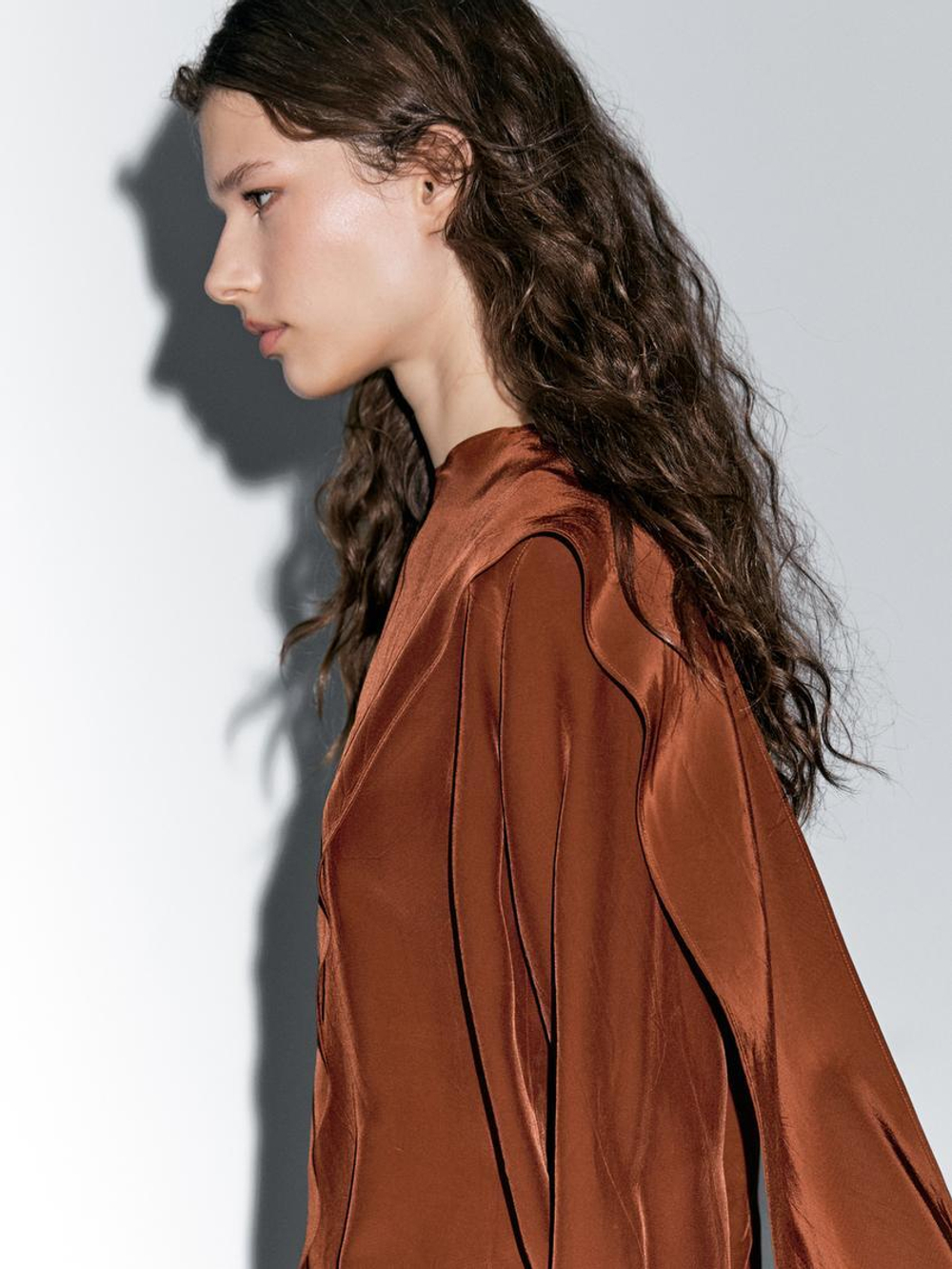 Massimo Dutti Блуза из струящейся ткани с завязками на горловине, терракотовый