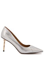 Женские туфли рептилия серебристые на бамбуковом каблуке