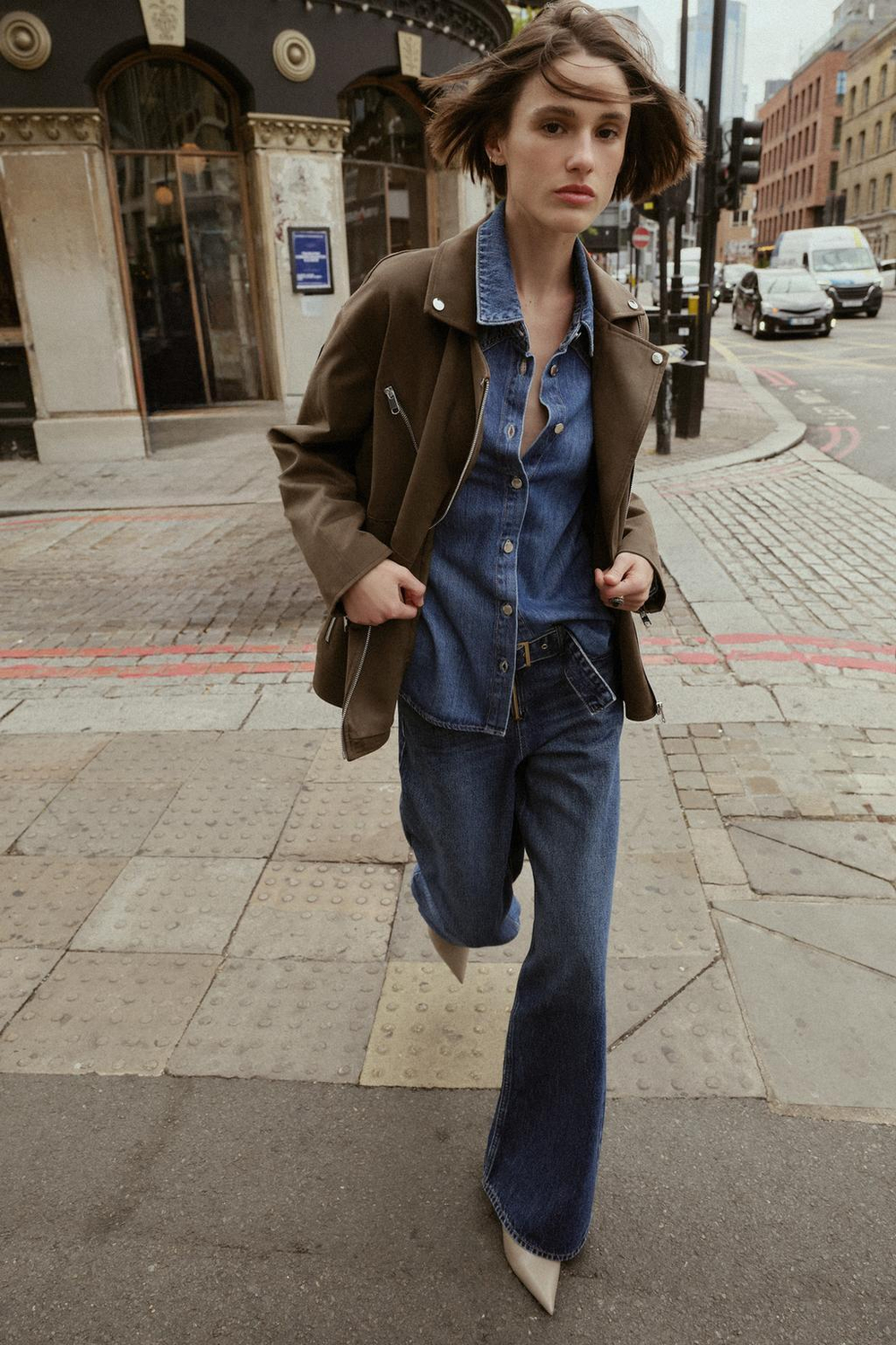 ZARA КУРТКА-КОСУХА ИЗ ИСКУССТВЕННОЙ ЗАМШИ, ХАКИ