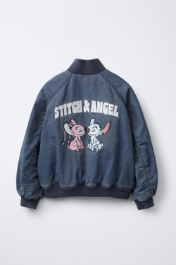 ZARA БОМБЕР C ЭФФЕКТОМ ПОТЕРТОСТИ И ПРИНТОМ STITCH & ANGEL © DISNEY, СИНИЙ