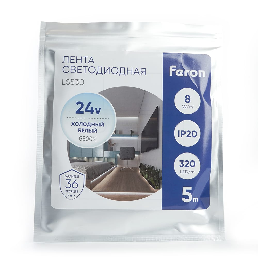 Лента светодиодная сплошного свечения LS530 IP20 320SMDT 5м 8W/м 24V 6500K